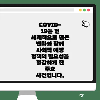 COVID-19는 전 세계적으로 많은 변화와 함께 사회적 예방 정책의 필요성을 절감하게 한 주요 사건입니다.